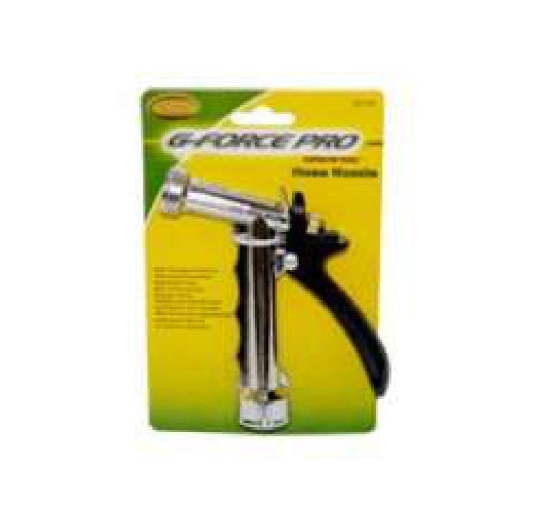 The G-FORCE 53110 Zinc Pistol Grip Hose Nozzle features a threaded front and brass stem, and comes carded in G FORCE branding for professional performance.